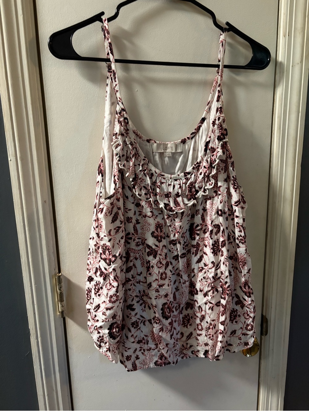 LOFT White Camisole with Burgundy Floral Print and Ruffle Trim size XXL
